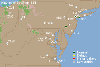 Mid-Atlantic U.S. Airport Delays Map