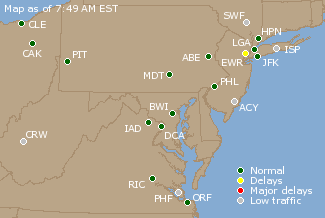 Mid-Atlantic U.S. Airport Delays Map