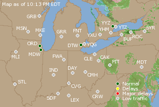 Great Lakes U.S. Airport Delays Map