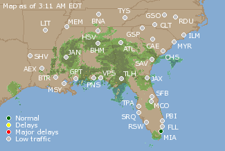 Southeast U.S. Airport Delays Map