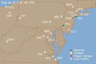 Mid-Atlantic U.S. Airport Delays Map