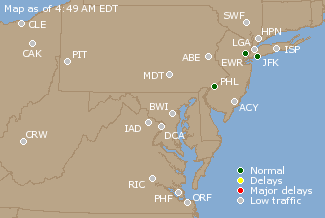 Mid-Atlantic U.S. Airport Delays Map