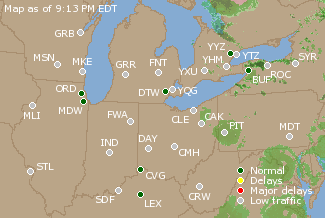 Great Lakes U.S. Airport Delays Map