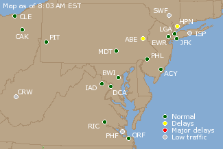 Mid-Atlantic U.S. Airport Delays Map