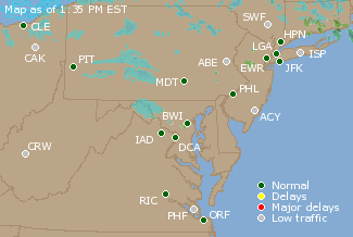 Mid-Atlantic U.S. Airport Delays Map