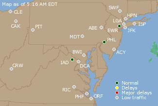 Mid-Atlantic U.S. Airport Delays Map