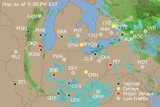 Great Lakes U.S. Airport Delays Map