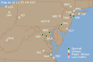 Mid-Atlantic U.S. Airport Delays Map