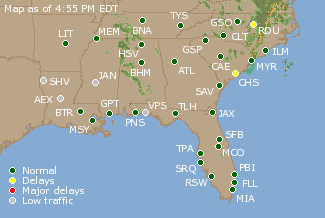 Southeast U.S. Airport Delays Map
