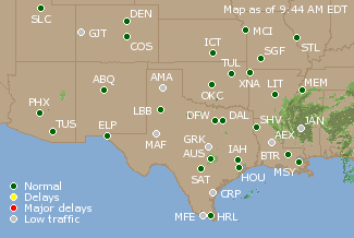 Southern-Central U.S. Airport Delays Map