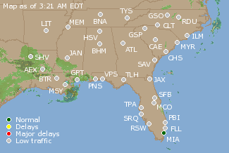 Southeast U.S. Airport Delays Map